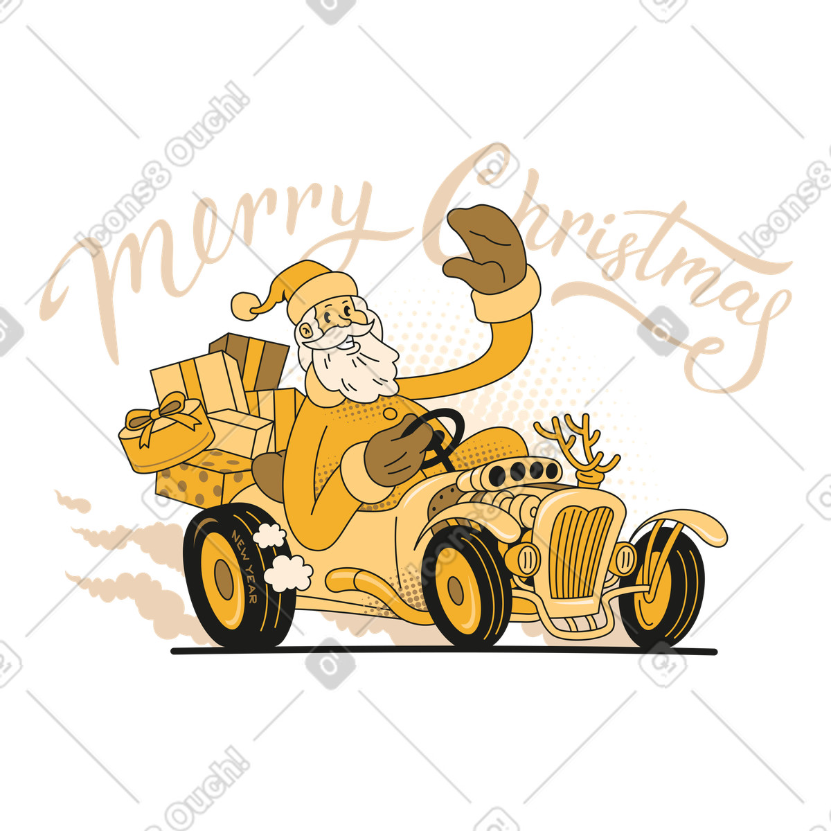 Rubber スタイルの Jolly Santa in reindeer car delivering gifts, Merry Christmas greeting card のイラストをPNG、SVG形式でダウンロード