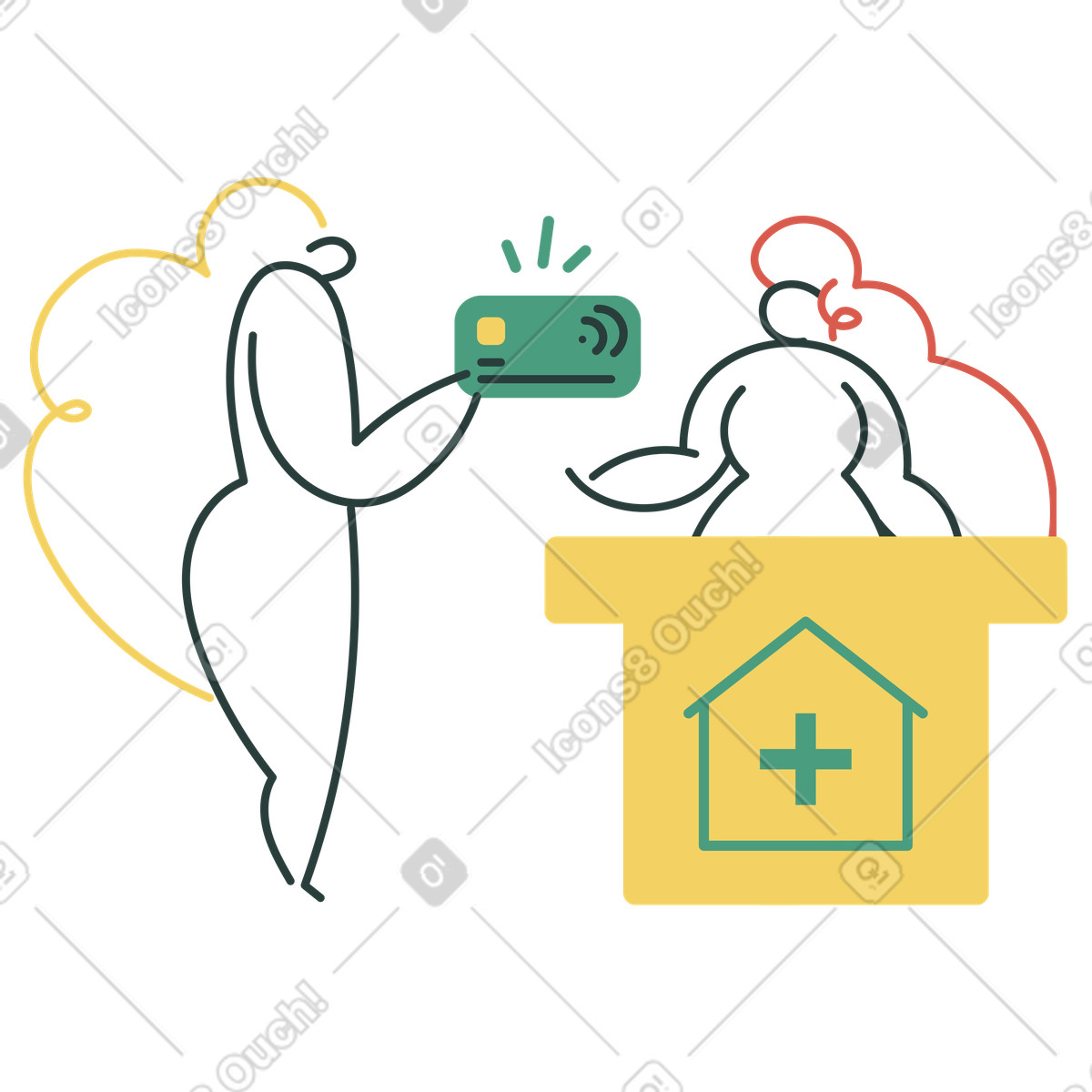 Kunde bezahlt medizinische versorgung mit kreditkarte-Illustration im Macaroni-Stil als Download in PNG, SVG
