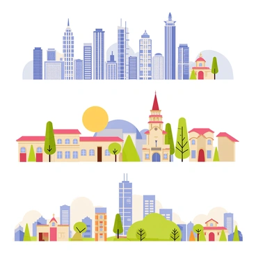 A mural featuring a series of peaceful skylines from different parts of the world. The first skyline presents tall, modern skyscrapers with glass facades under a bright blue sky. The second skyline showcases traditional buildings with tiled roofs and ornate details, set against a soft sunset. The third skyline displays a mix of rustic structures and tall towers, surrounded by lush greenery. Each skyline is distinct, with unique architectural styles representing various cultures, and they are seamlessly blended together in a harmonious composition.