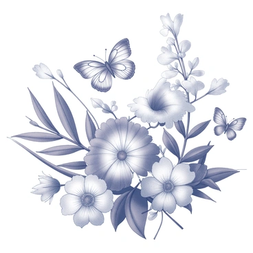 A collection of various natural elements arranged in a harmonious composition. There are several leaves of different shapes and sizes interspersed throughout the collage. Vibrant flowers in full bloom, showcasing a variety of petal structures, add to the scene. Butterflies with intricate wing patterns are positioned delicately among the foliage and flowers. The overall arrangement creates a sense of interconnectedness among the elements, emphasizing the beauty of nature.