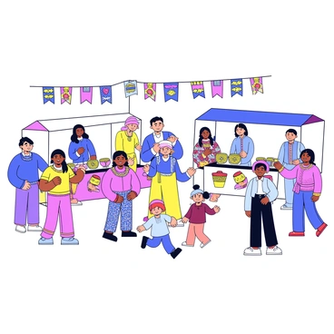 A lively cultural festival reception with various people wearing traditional attire from different cultures. Each person showcases a unique outfit, featuring bright colors and intricate patterns. Stalls are arranged in a semicircle, displaying handmade crafts including woven baskets, pottery, and textiles. Decorative banners hang overhead, representing different cultures. The atmosphere is vibrant with people engaging in conversation and children playing nearby.