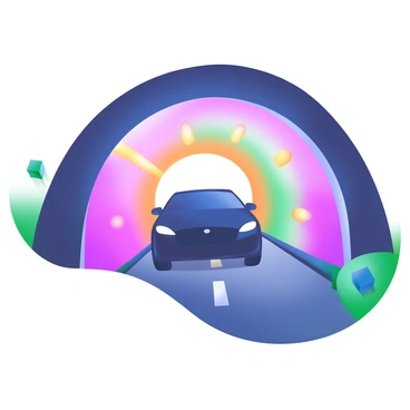 A dark silhouette of a car is positioned at the entrance of a tunnel. The tunnel features walls lined with glowing lights in various pastel colors, illuminating the interior with a soft, radiant glow. The car's outlines are sharply defined against the contrasting darkness of the tunnel entrance. The perspective shows the car moving forward, creating an impression of motion towards the vibrant, light-filled interior of the tunnel.