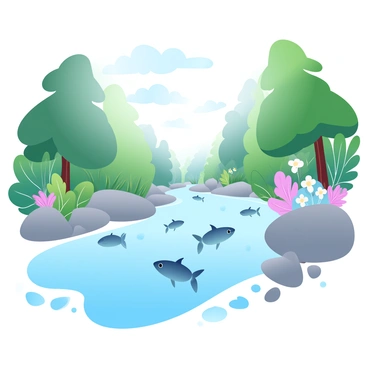 A clear river is flowing through a vibrant forest filled with lush, green trees and colorful foliage. Sunlight filters through the leaves, casting a dappled light on the water's surface. In the river, several fish are visible, swimming gracefully beneath the surface. The riverbanks are lined with a variety of plants and wildflowers, adding splashes of color to the scene. Small rocks and pebbles can be seen underneath the clear water, enhancing the clarity of the river.