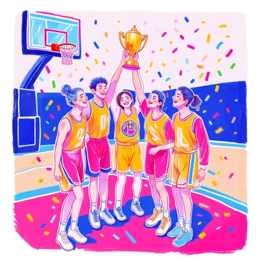 A group of five people is gathered on a basketball court, celebrating their victory with a shiny gold trophy held high. They are wearing matching team uniforms, featuring vibrant colors with bold logos. The atmosphere is filled with excitement as they smile and laugh, some embracing each other. Confetti is falling around them in a variety of colors, adding to the festive mood. In the background, there is a basketball hoop and the court is marked with clear lines. The scoreboard shows the final score, highlighting their championship win.