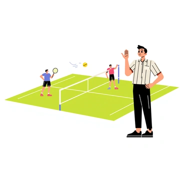 A referee wearing a black and white striped shirt, with a whistle around their neck, stands confidently beside a badminton court. They are raising one hand to indicate a decision, while the other hand points towards the net. The referee has a focused expression, paying close attention to the players in the background. Two badminton players are poised at opposite sides of the court, one in a blue jersey and the other in a red jersey, with a shuttlecock flying through the air. The court is marked with white lines, and the net is prominently displayed in the center.
