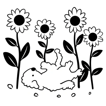 A playful golden retriever puppy rolling on its back in a field of tall sunflowers. The sunflowers are standing upright, with their large, round heads facing downward towards the puppy. The puppy’s fur is fluffy and ruffled, creating a sense of motion as it enjoys the moment. Several sunflowers are swaying gently in the breeze, and a few petals have fallen to the ground around the puppy. The scene captures the essence of joy and playfulness in nature.
