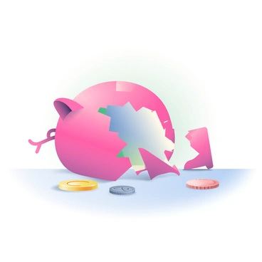 A shattered piggy bank is lying on a light surface, with pieces of ceramic scattered around it. The piggy bank is painted in a bright shade of pink, with cracks revealing the inside. A few shiny coins, including a quarter, a dime, and a penny, are scattered across the surface near the broken piggy bank. The background features a subtle gradient that enhances the scene.