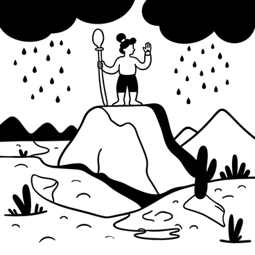 The Aztec rain deity "Tlaloc" is depicted standing atop a rocky outcrop, surrounded by dark storm clouds. He holds a ceremonial staff in one hand while the other hand gestures towards the ground. Below him, parched lands are shown with cracked earth and dry plants. Water droplets begin to fall from the sky, creating small puddles on the thirsty ground. In the background, some distant mountains can be seen under the darkening sky.