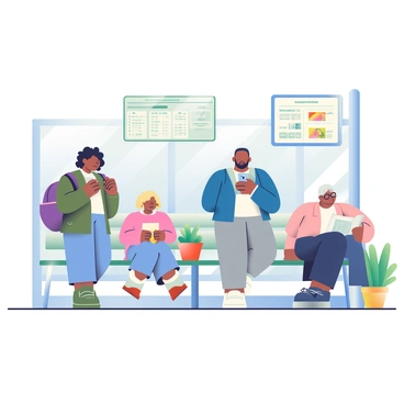 A group of diverse people is waiting for a train at a well-maintained public transit station. In the foreground, a woman with curly black hair is checking her watch while holding a purple backpack. Next to her, a man with a short beard is looking at his phone, wearing a blue jacket and gray pants. Nearby, a child with blond hair is playing with a toy, and an elderly man with glasses is sitting on a bench, reading a newspaper. The station features clean, modern benches and large glass windows that let in plenty of natural light. An information board displays train schedules in clear letters, and a few plants are placed around the area, adding a touch of green.