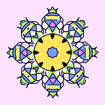 A kaleidoscope pattern composed of intricate designs featuring the colorful shells of various scarab beetles. Each shell showcases unique hues of metallic green, blue, gold, and purple, reflecting light in different directions. The beetles are arranged symmetrically, creating a visually captivating blend of shapes and colors that intertwine harmoniously. The background is a soft, muted color that enhances the vibrancy of the beetle shells, allowing the details to stand out.