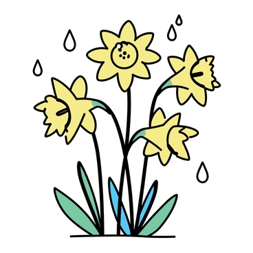 A group of daffodil flowers with bright yellow petals standing upright. Fresh raindrops are glistening on the surface of each petal, reflecting light. The flowers are surrounded by green leaves, enhancing the vibrant colors. Some raindrops are gently pooling at the base of the petals, creating a fresh, natural look.