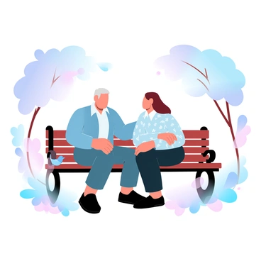 Two elderly friends are sitting on a park bench, engaged in conversation. One is wearing a light blue cardigan, and the other is dressed in a floral-patterned shirt. They are leaning slightly toward each other, showcasing their mutual interest in the discussion. Around them, colorful trees frame the scene and a few small flowers bloom nearby, adding touches of vibrant colors to the atmosphere. The sunlight filters through the leaves, casting gentle shadows on the bench. A small bird can be seen perched on the edge of the bench, observing the friends.