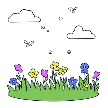 A cluster of dandelion seeds floating gently in the air. The seeds are white and delicate, catching the sunlight as they drift. Below them is a vibrant wildflower meadow, filled with colorful blooms such as yellow buttercups, bluebells, and purple clover. The grass is lush and green, swaying slightly in the breeze. The sky above is clear with a few fluffy white clouds.