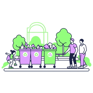 A vibrant city park scene displays several recycling bins arranged along a pathway. Each bin is labeled with clear symbols indicating the type of plastic waste it holds. The first bin is filled with plastic bottles, while the second contains plastic containers. Nearby, a third bin holds plastic bags, and the last bin is overflowing with food wrappers. In the background, there are green trees providing shade and a few benches along the path. A child can be seen playing with a toy near the bins, and a couple is walking their dog, enjoying the lively atmosphere of the park.