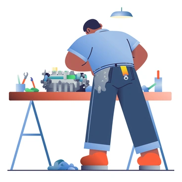 A mechanic with medium skin and short black hair is bent over a car engine, focused on his work. He is wearing a blue work shirt and dark jeans, with an oil-stained apron tied around his waist. Surrounding him on a wooden workbench are various tools, including wrenches, screwdrivers, and pliers, all neatly organized. There are several oily rags scattered across the bench and floor, adding to the gritty atmosphere. The car engine, partially disassembled, is glistening with oil under the bright overhead light.