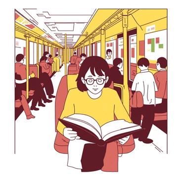 A person with short brown hair wearing glasses is seated on a yellow subway train. They are engrossed in a thick book, holding it open on their lap. Around them, several commuters are standing and holding onto overhead grips, while others sit in adjacent seats. The walls of the subway are decorated with advertisements in various colors. The motion of the train creates a sense of bustling energy, with a slight blur of movement visible in the background.