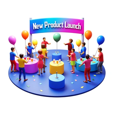 A vibrant party scene featuring a colorful banner that reads "New Product Launch" in large, bold letters. The setting is filled with balloons in various colors, confetti scattered across the floor, and tables adorned with decorative tablecloths. People are seen mingling, some holding drinks and others chatting animatedly. A small stage is present with a microphone stand, and there are bright lights illuminating the area, enhancing the festive atmosphere.