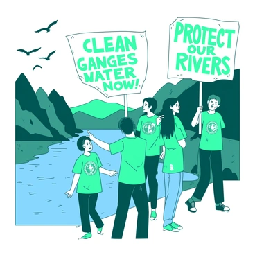 A group of activists stands by the river, holding colorful banners that read "Clean Ganges Water Now" and "Protect Our Rivers." Each activist is dressed in matching teal t-shirts with the campaign logo prominently displayed. The river flows gently behind them, with clear water reflecting the sunlight. Lush greenery lines the riverbank, and a few birds can be seen in the sky above. The activists are engaged in passionate discussions, and some are pointing towards the river, while others hold their banners high for passing onlookers to see.