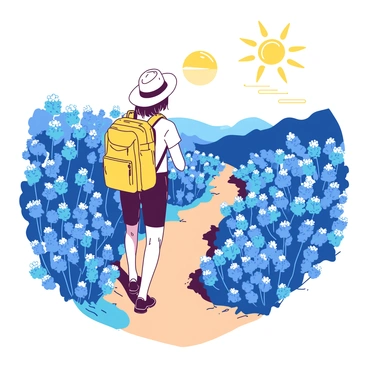 A person wearing a bright yellow backpack is hiking along a winding trail surrounded by vibrant bluebonnet flowers in full bloom. The trail is narrow and dirt-covered, leading through a lush landscape. The sun shines brightly overhead, casting warm light onto the hiker's back. The hiker is wearing a light-colored hat and a comfortable outfit suitable for hiking. The bluebonnet flowers are abundant on both sides of the trail, creating a striking contrast with the earthy tones of the path.