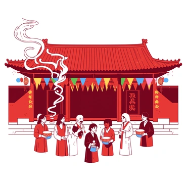 A red Beijing temple adorned with colorful flags hanging from the eaves. Smiling visitors, dressed in traditional attire, are gathered in front of the temple, some holding offerings. Incense smoke is rising gently into the air, creating soft tendrils that weave around the decorations. The temple's ornate details are highlighted by the sunlight, adding warmth to the lively scene.