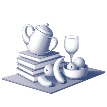 A still life arrangement with ordinary objects placed in unusual positions, creating a sense of whimsy.