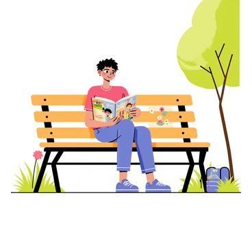 A young person with short black hair is sitting on a wooden park bench. They are wearing a red t-shirt and blue jeans. The individual has a focused expression as they read a colorful manga illustration book. The book features dynamic illustrations of characters in action. Surrounding the bench, there are green grass and a few blooming flowers. A couple of trees cast shadows nearby, adding to the peaceful park atmosphere. A small backpack sits on the ground next to the bench.