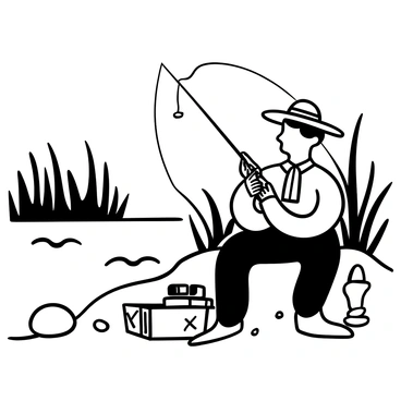An elderly man sitting on a riverbank, wearing a wide-brimmed hat and a plaid shirt. He has a weathered fishing rod propped up beside him. He is carefully placing a piece of bait on a fishing line, with his hands steady and focused. The river flows gently beside him, and there are tall grasses and reeds surrounding the bank. A small tackle box is open next to him, revealing various fishing supplies. The scene conveys a sense of tranquility, with a few rocks and pebbles scattered on the ground around him.