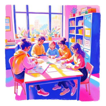 A classroom filled with students of various backgrounds is engaged in a collaborative project. In the center, a diverse group of students is gathered around a large table, sharing ideas and materials. A boy with curly hair and a girl with braids are discussing their plans, while another student with glasses is drawing on a piece of paper. Nearby, a girl wearing a hijab is helping a boy with short hair locate supplies in a nearby cupboard. The walls of the classroom are adorned with colorful educational posters and art made by the students. Bright sunlight streams through the windows, illuminating the scene and creating a warm atmosphere of teamwork and acceptance.