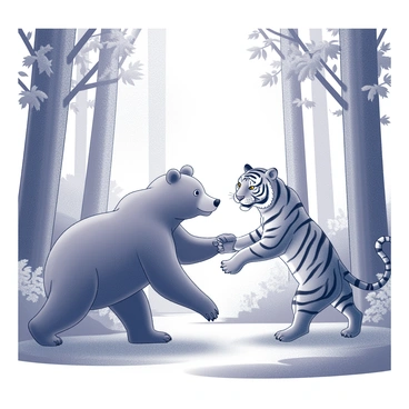 A bear and a tiger walking side by side in a forest. The bear has a friendly expression, standing on all fours and looking towards the tiger. The tiger, with a playful demeanor, is walking upright on its hind legs, holding the bear's paw with one of its front paws. The forest is dense, featuring various trees with textured bark and lush foliage surrounding the animals. Sunlight filters through the leaves, creating dappled light patterns on the forest floor.