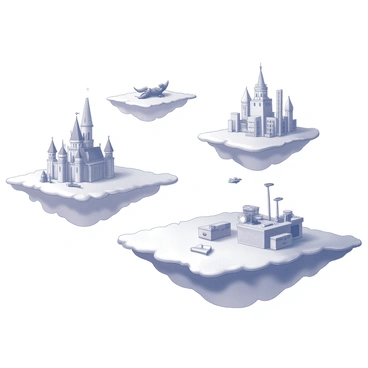A collection of small floating islands, each distinct in shape and size. One island features a castle and a dragon, symbolizing the fantasy genre. Another island has a detective's office with a magnifying glass and clues scattered around, representing mystery. A third island showcases a futuristic cityscape with sleek buildings and flying vehicles, embodying science fiction. The islands are connected by delicate, wispy clouds that curl around them, adding a sense of ethereal movement. Each island is devoid of any color, emphasizing the monochrome nature of the scene.
