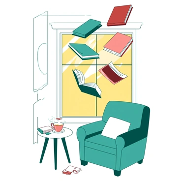 A collection of colorful books is hovering in the air above a cozy reading nook situated by a large window. The reading nook features a comfortable teal chair with soft cushions, and a small white side table beside it. A warm light is streaming in through the large window, creating a bright atmosphere. The books are arranged in a whimsical manner, fanned out and suspended mid-air as if caught in a gentle breeze. A few scattered bookmarks and a cup filled with hot tea are placed on the white side table, adding to the inviting scene.