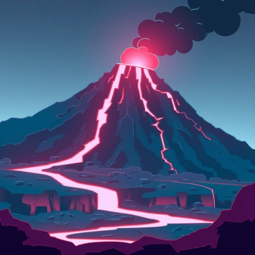 A massive volcano with a rugged, jagged peak is erupting vigorously. Bright orange and red lava is flowing down its steep sides, creating a dynamic river of molten rock. Thick, black smoke and ash billow into the darkened sky, contrasting against the fiery glow of the lava. The surrounding landscape is rocky and barren, with scattered boulders and sharp cliffs illuminated by the eruption's light. The scene conveys a sense of raw power and intensity as the volcano displays its explosive energy.