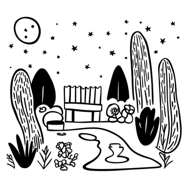 A black-and-white illustration of a garden with various flowers and plants, arranged harmoniously. The moon is positioned high in the sky, casting a gentle glow over the scene. A stone pathway winds through the garden, leading to a small, intricately designed fountain at the center. There are several trees with textured bark and branches extending outward, providing a sense of depth. A wooden bench sits beside the fountain, surrounded by blooming flowers. The sky is filled with stars surrounding the moon, enhancing the tranquil atmosphere of the garden.