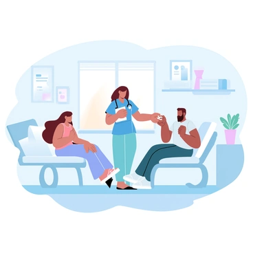 A nurse is standing between two patients in a shared room, addressing their concerns with a calm demeanor. One patient is sitting on a bed with a concerned expression, while the other is sitting on an adjacent bed, looking frustrated. The nurse is wearing scrubs and is holding a clipboard, actively listening to both patients. The room is equipped with medical equipment and has soft, diffused lighting. A window is visible, with light streaming in and creating a warm atmosphere. Various medical charts and a potted plant are arranged on a nearby table.