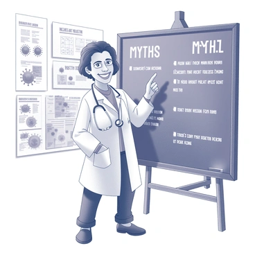 A cartoon showing common myths about monkeypox being debunked by a cheerful healthcare professional.