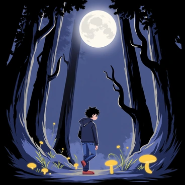 Ayanokoji, a young male character with short black hair and wearing a dark jacket and jeans, is cautiously exploring a dense, mysterious forest. Tall trees with twisted branches surround him, their leaves shimmering under the bright light of the "full moon" above. Shadows dance on the forest floor, while occasional glowing mushrooms can be seen scattered around, illuminating the path ahead. Ayanokoji's expression is focused, as he glances around, observing the intricate details of the environment, including the "mysterious fog" that clings to the ground.