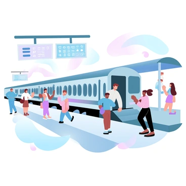 A busy train station filled with numerous people. Several individuals are boarding a train, carrying bags and wearing various outfits. Some figures are standing on the platform, waving goodbye to loved ones as a train with colorful carriages is docked. An overhead sign displays train schedules, and there are benches along the platform. The scene is vibrant with movement and the anticipation of travel.