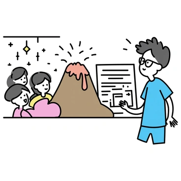 A student stands next to a colorful science project display at a school fair. The display features a detailed model of a volcano, made from foam and painted in shades of brown and red. The volcano is erupting, with red and orange lava flowing down its sides. The student, wearing a blue t-shirt and glasses, is explaining the project to a small group of eager listeners. A poster board beside the volcano lists key facts about volcanic eruptions, illustrated with diagrams and images. The background shows other project displays and decorations typical of a school fair setting.