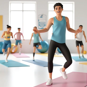 A personal trainer, wearing a blue tank top and black leggings, is energetically leading a fitness class in a bright gym. The trainer has a confident smile and is demonstrating an exercise while encouraging participants. The gym is well-lit with large windows letting in natural light, and colorful exercise mats are spread out on the floor. Class members of various ages and fitness levels are actively participating, some are jumping, while others are following the trainer's movements. The atmosphere is vibrant and full of enthusiasm, with motivational posters on the walls.