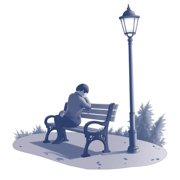A silhouette of a person sitting on a park bench. The bench is made of wood, with an ornate design. The figure is slouched slightly and their posture suggests relaxation. Above the bench, a streetlamp stands tall, casting a circular pool of light onto the ground. The light creates a stark contrast with the surrounding darkness. The person’s face is obscured by shadows, adding an air of mystery to the scene. The park setting includes a few scattered leaves on the ground and outlines of trees in the background, enhancing the atmosphere of the image.