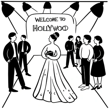 A glamorous illustration inspired by 1950s Hollywood fashion icons in a red carpet setting