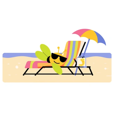 A whimsical fly with bright green wings is wearing tiny sunglasses perched on its face. The fly is lounging comfortably on a colorful beach chair with striped patterns. Nearby, there is a small beach umbrella providing shade, and a tiny glass of lemonade sits on the side table next to the chair. The sandy beach stretches out in the background, with small waves gently lapping at the shore.