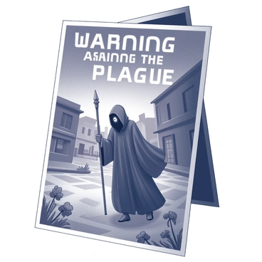 A large poster with a dark and foreboding background. In the center, there is an image of a cloaked figure holding a staff, symbolizing death, looming over a deserted town square. The figure's face is obscured by a hood, adding a sense of mystery and dread. Surrounding the figure are various symbols of illness and decay, such as empty streets and wilted flowers. At the top of the poster, bold lettering reads "WARNING AGAINST THE PLAGUE." The text is large and prominent, drawing immediate attention to the message. The overall composition creates an atmosphere of urgency and danger.