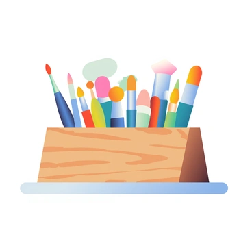 An array of 64 unique paintbrushes neatly arranged in a wooden holder