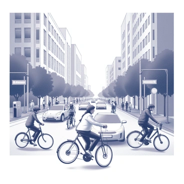 A bustling city street filled with people. Some individuals are riding bicycles, showcasing various styles of bikes and clothing. Others are driving modern electric cars, with visible charging stations in the background. The scene includes pedestrians walking along the sidewalks, interacting with each other and enjoying the vibrant atmosphere. Tall buildings frame the street, with trees lining the paths, contributing to the urban environment. Street signs and traffic lights are present, guiding the flow of transportation.