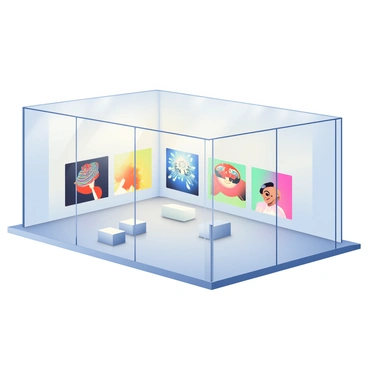 A sleek, modern gallery pavilion stands in the center of a spacious area. The pavilion features large glass walls, allowing visibility into the interior. Inside, various futuristic digital artworks are displayed on smooth, white walls. Each artwork is brightly illuminated, showcasing vibrant colors and intricate designs that draw the eye. Scattered throughout the gallery are minimalist white pedestals and seating areas with contemporary furniture. The floor is polished concrete, reflecting the light from the artworks and creating a clean, modern atmosphere.