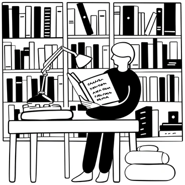 A student sitting at a wooden table in a library is focused on reading a thick religious text. The student has short hair and is wearing a sweater. Surrounding the student are tall bookshelves filled with a variety of diverse books, their spines displaying different titles and colors. A small desk lamp illuminates the page of the book. On the table, there is a notebook and a pen, and a stack of books is piled on one corner. The atmosphere suggests a quiet and studious environment.