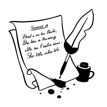 A vintage ink quill resting on a slightly curled parchment. The parchment features elegant handwriting with the opening lines of "Sonnet 18." Intricate detailing can be seen along the edges of the parchment. In the surrounding area, a small ink pot is placed next to the quill, with a few ink splatters scattered on the surface beneath the parchment.