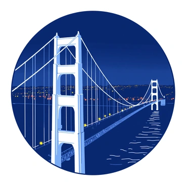 A white Golden Gate Bridge is illuminated at night, standing tall against the dark sky. The bridge's silhouette is sharply defined, showcasing its iconic towers and cables. In the background, city lights are twinkling, creating a vibrant scene filled with various glowing colors. The reflections of the lights shimmer on the water below, enhancing the overall atmosphere of the image. The night sky is clear, providing a beautiful contrast to the illuminated structures.