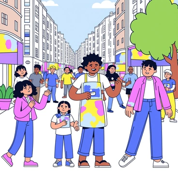 An artist is standing on a bustling urban street, surrounded by small, affordable paintings displayed on an easel. The artist has short black hair and is wearing a colorful apron splattered with paint. In the background, there are tall buildings with large windows and vibrant storefronts. Various pedestrians are walking by, some stopping to admire the paintings. The street is filled with greenery from nearby trees and colorful flower pots. A few children are pointing at the artwork, while an older couple discusses a painting together. The sun is shining brightly, casting shadows on the pavement.